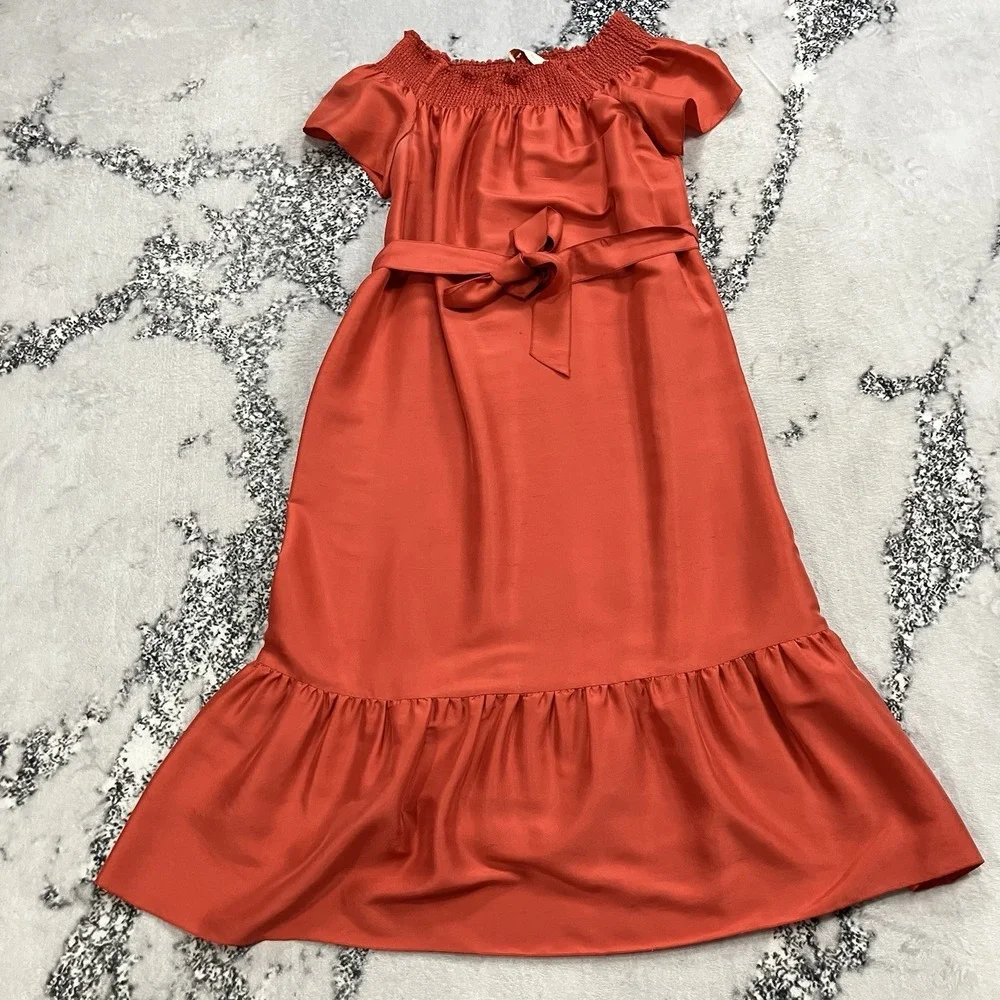 Tory Burch Silk Off Shoulder Midi‎ Dress Smocked Neck Belted Womens Size XL